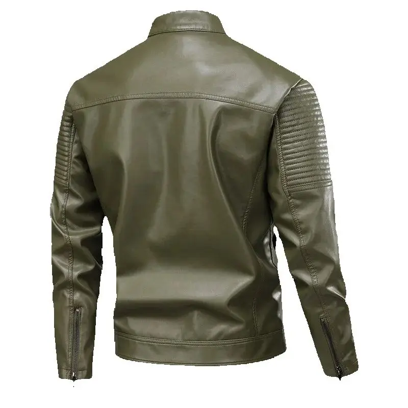 2025 الرجال دراجة نارية و السائق جودة عالية لينة فو سترات من الجلد الذكور الشرير الجيش الأخضر بولي PU سستة كول يندبروف الشارع معاطف #2