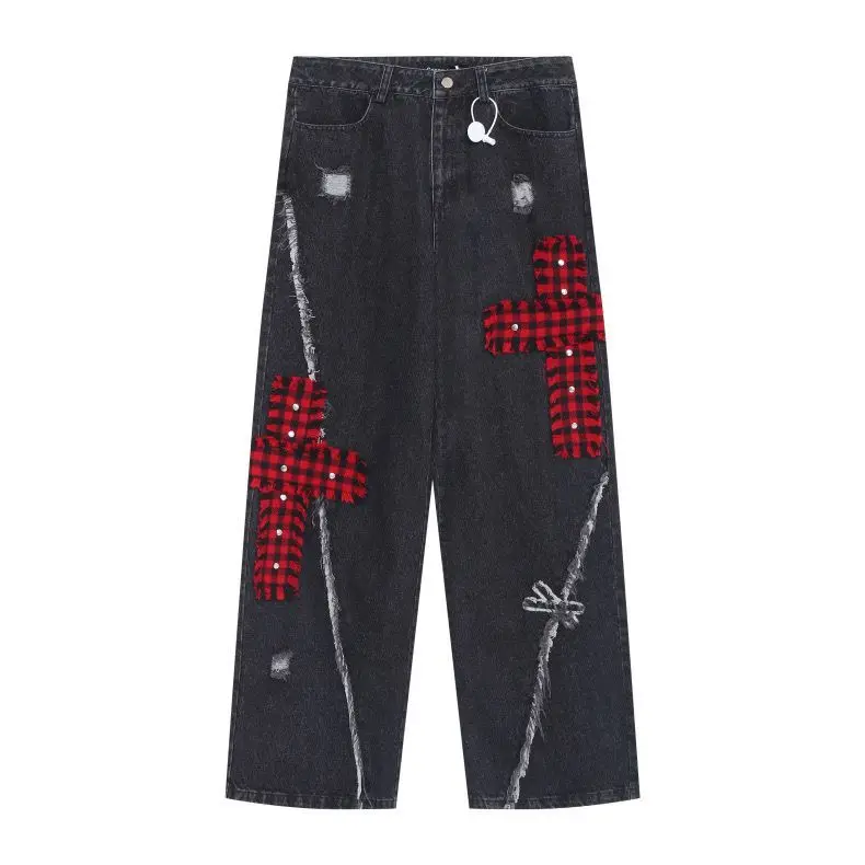

Subculture Vintage Y2k Jeans Full Length Patchwork Decoration Denim Pants Retro Loose Mid Waist Hip Hop Pants Streetwear Grunge