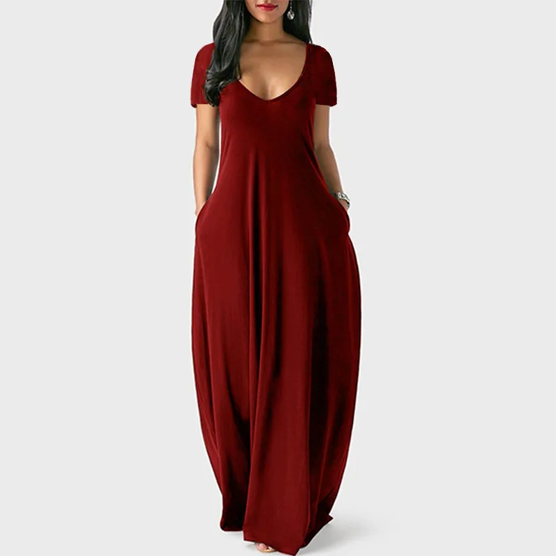 

S-5XL Women Casual Dresses Ladies Fashion Loose Sexy V-Neck Fall Clothes Casual Maxi Solid Color Plus Size Long Dress