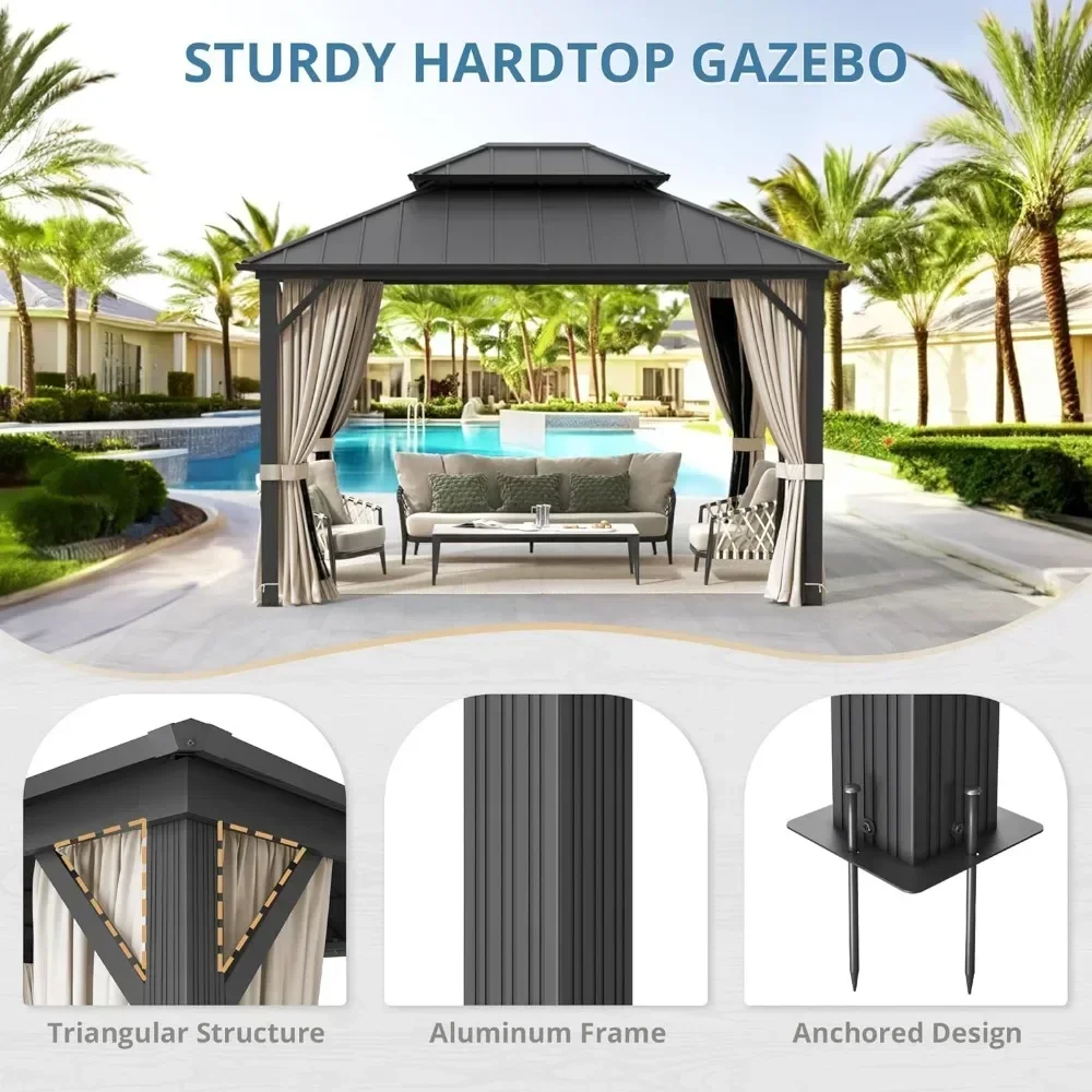 10 x 12 Outdoor Patio Gazebo, Galvanized Steel Double Roof Permanent Gazebos Pavilion with Aluminum Frame, Outdoor Metal Gazebo