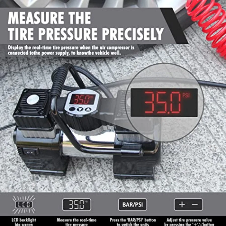 ضاغط هواء مزدوج الأسطوانة تيار مستمر 12 فولت للسيارة منفاخ إطارات محمول عالي التحمل مع ضوء LED مضخة إطارات 120 رطل لكل بوصة مربعة مثالية لـ #4