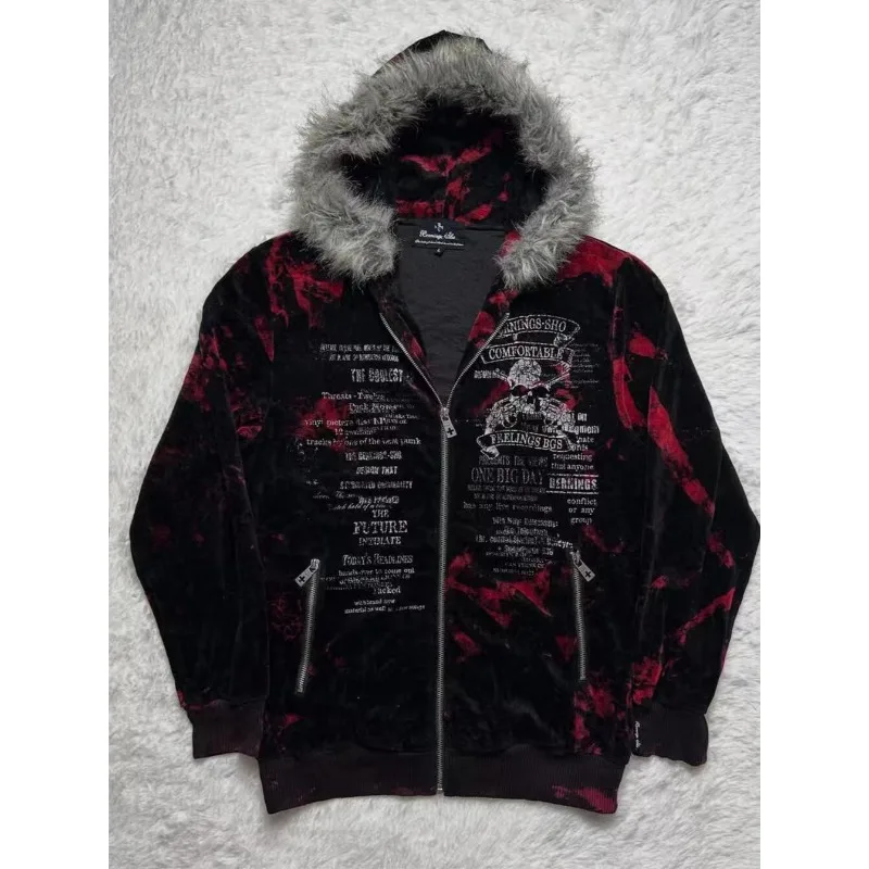 

Y2k Fur Patchwork Subculture Hoodies Women Streetwear Vintage Harajuku Gothic Print Hooded Sweatshirt Coat Aesthetic Slim Jacket