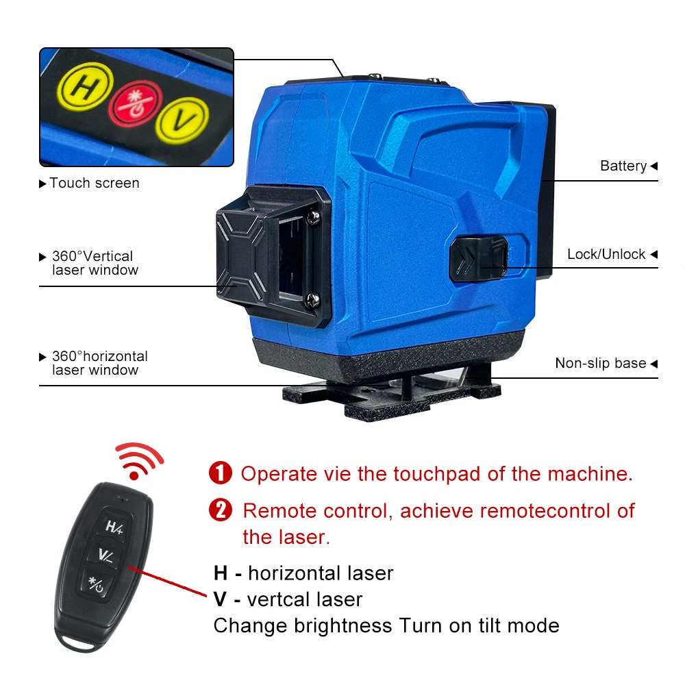 Kamolee 12 Lines Green Laser Level Horizontal Vertical Cross Lines High precision remote control Automatic adjustment gradienter