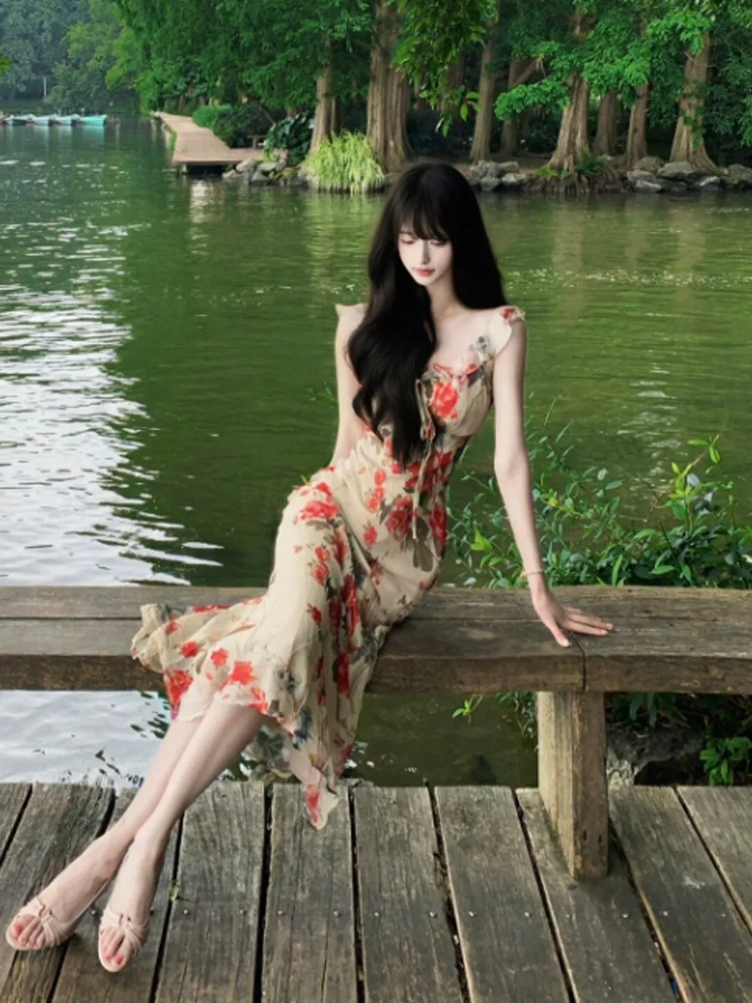 

Retro Ladylike Print Halter Dress Slim Fit Summer Beach Vacation Style Long Skirt Casual Comfortable Cotton Women's Dress