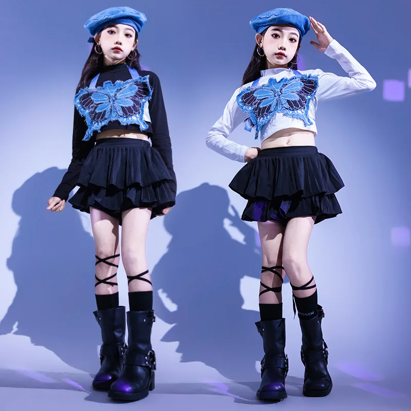 Kid Cool Hip Hop Clothing Denim Blue Butterfly Crop Tank Top Black Layered Pleat Mini Skirt for Girl Jazz Dance Costume Clothes