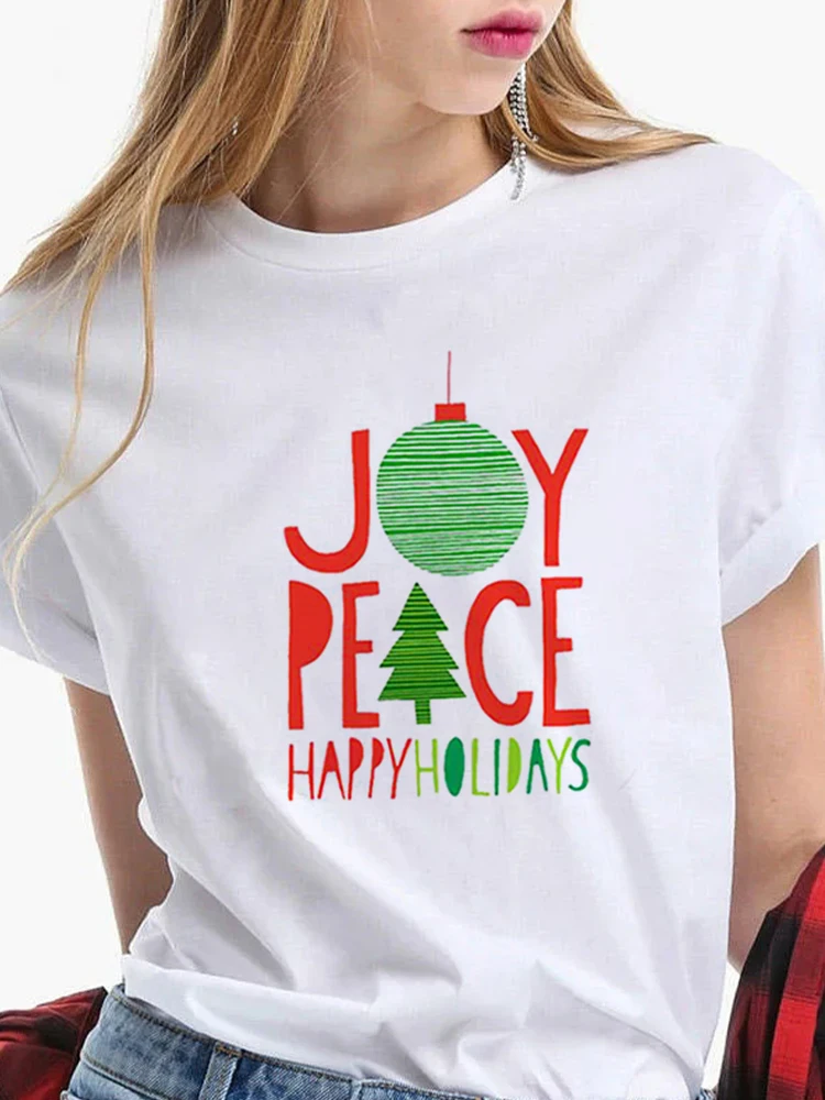 

Christmas OutfitNew Year Women Fashion Print Casual Women T-Shirt Harajuku Streetwear T Shirt White Short-Sleeved Tops Tee