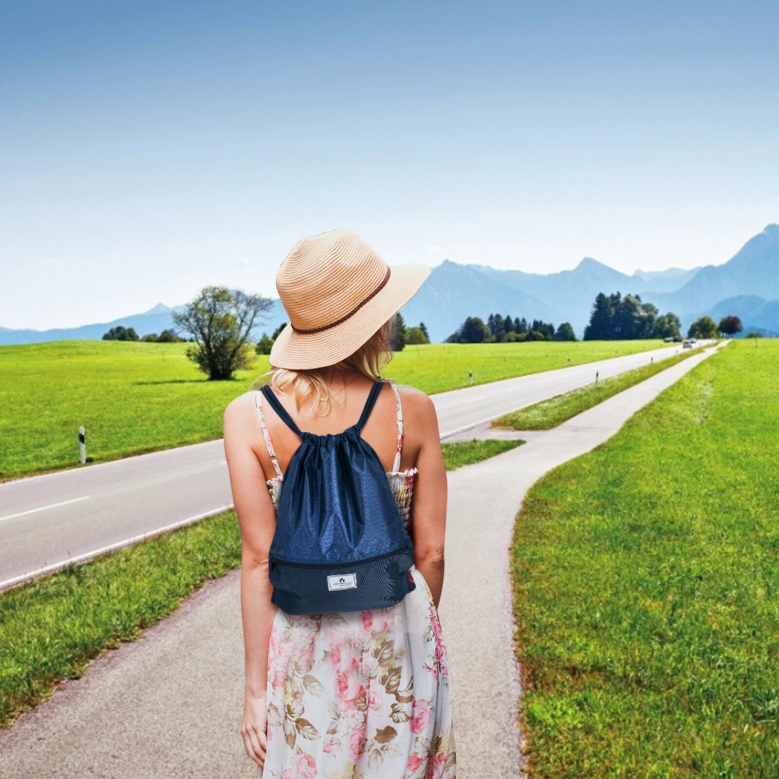 Drawstring Backpack String Bag Foldable Sports Sack with Zipper Pocket-Dark Blue