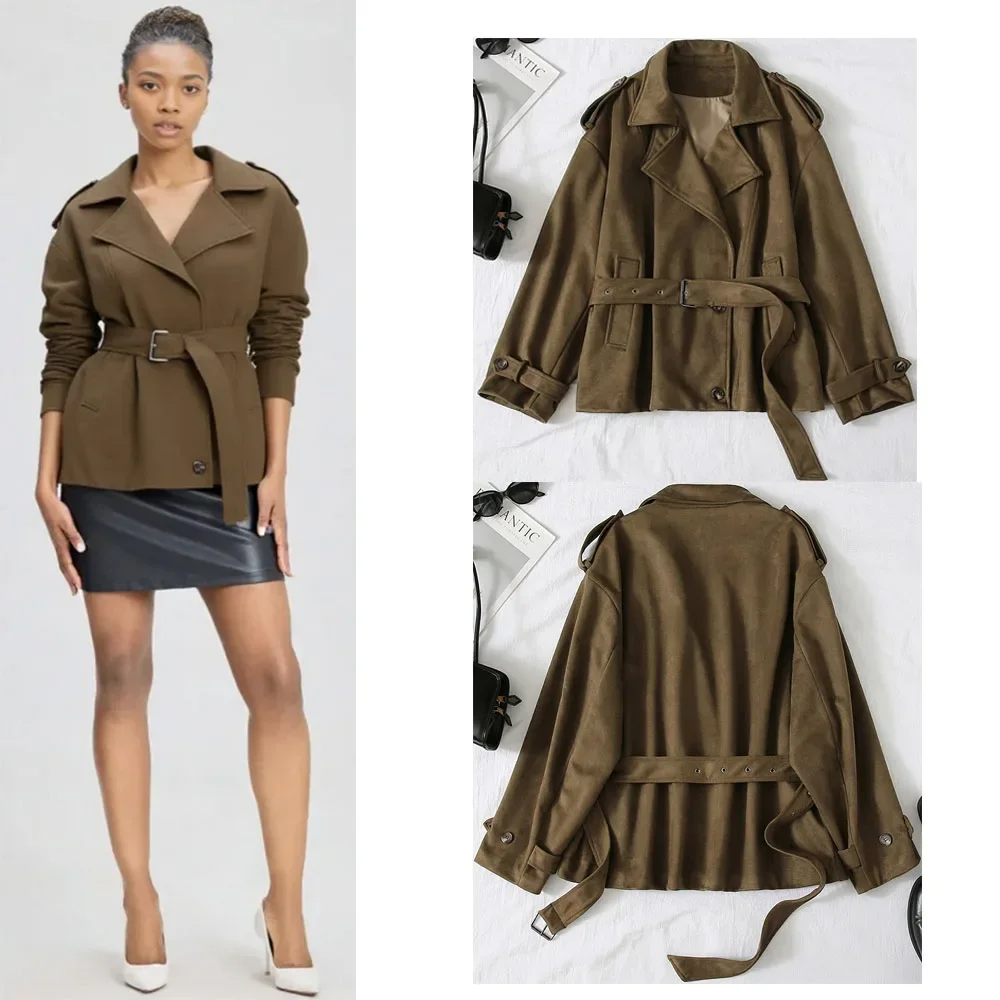 

Осень-зима толстый ПАЛЬТО с длинным рукавом свободный плащ женская верхняя одежда с поясом Y2K женская ветровка из искусственной замши куртка