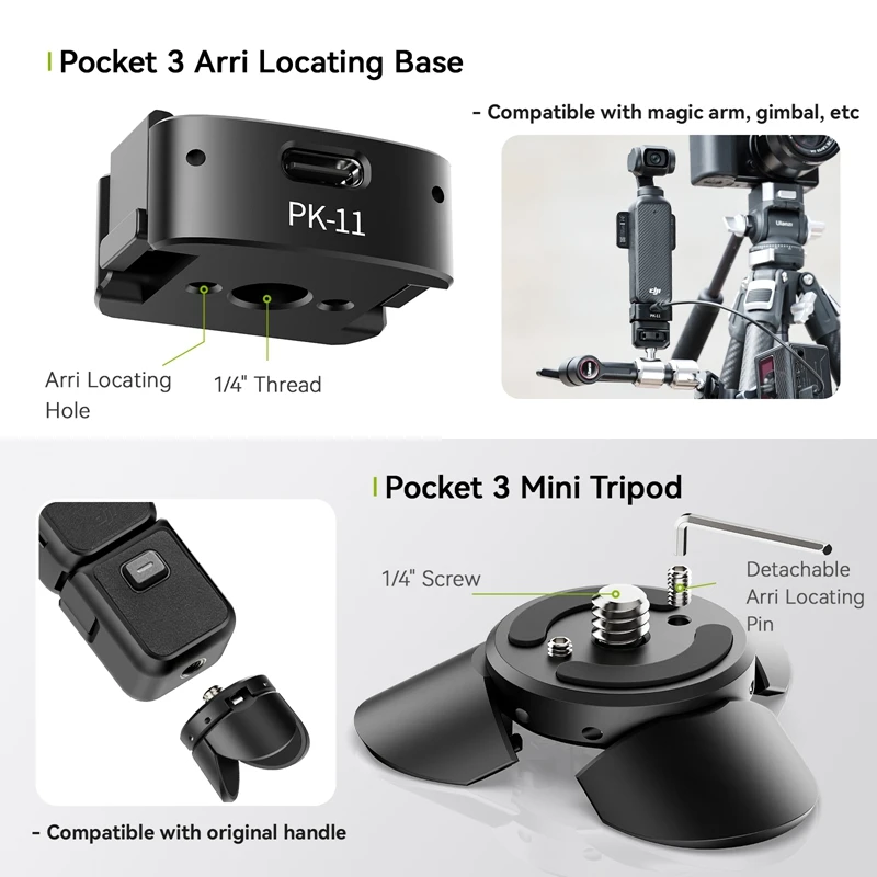 Ulanzi PK-08 Pocket 3 حامل ثلاثي صغير / PK-11 Arri تحديد موقع قاعدة لـ DJI Osmo Pocket 3 للبث المباشر لمدونة الفيديو السفر
