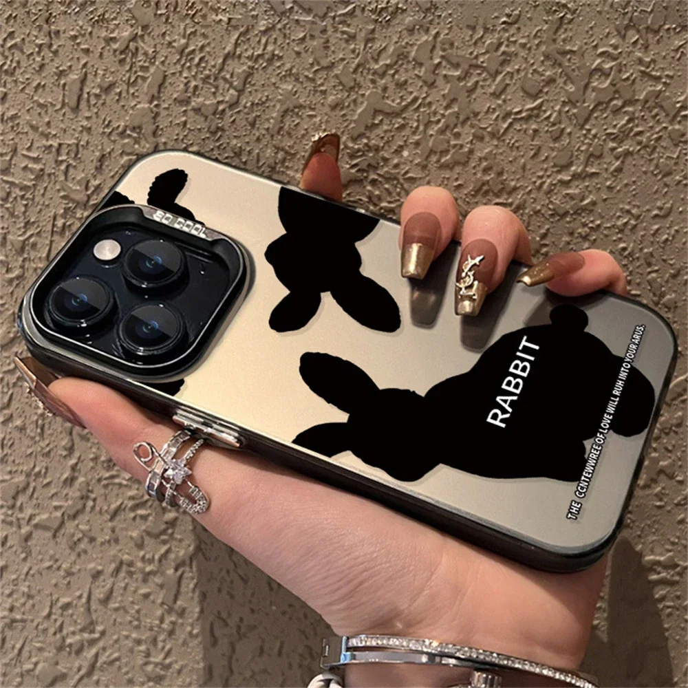 Cute Black Rabbit Phone Case for iPhone 15 16 Plus 11 12 13 14 Pro Max XR Anti-Fingerprints Hard IMD Plastic Laser Matte Cover image 2
