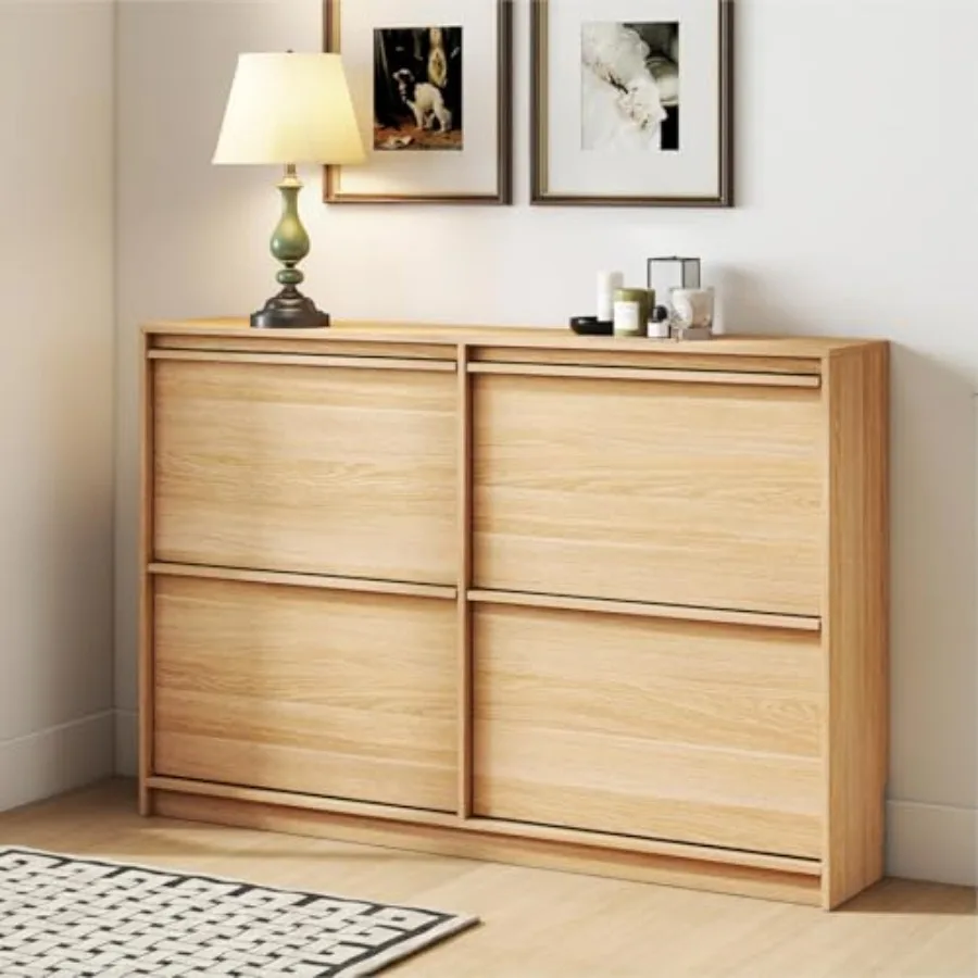 Modern Narrow Shoe Cabinet with 4 Flip Drawers Adjustable Shelf Hidden Storage for Entryway Hallway or Living Room Natural Oak