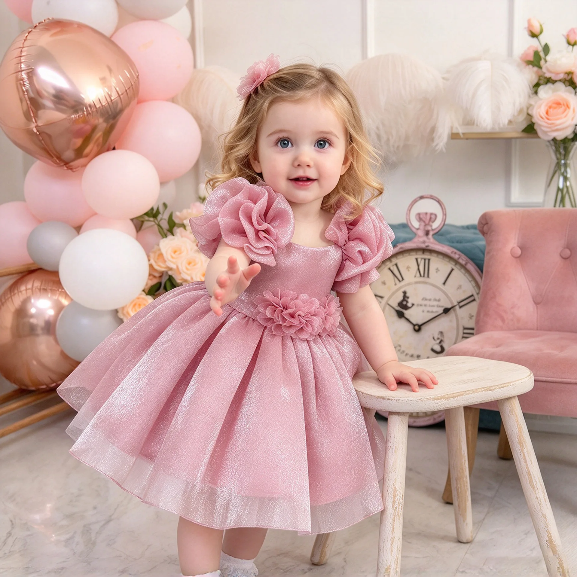 Baby Girl Sparkly Mesh Formal Dress Ruffle Bubble Sleeve Floral Waist Short Tutu Infant Gown For Cake Smash Photo Shoot ASQ03