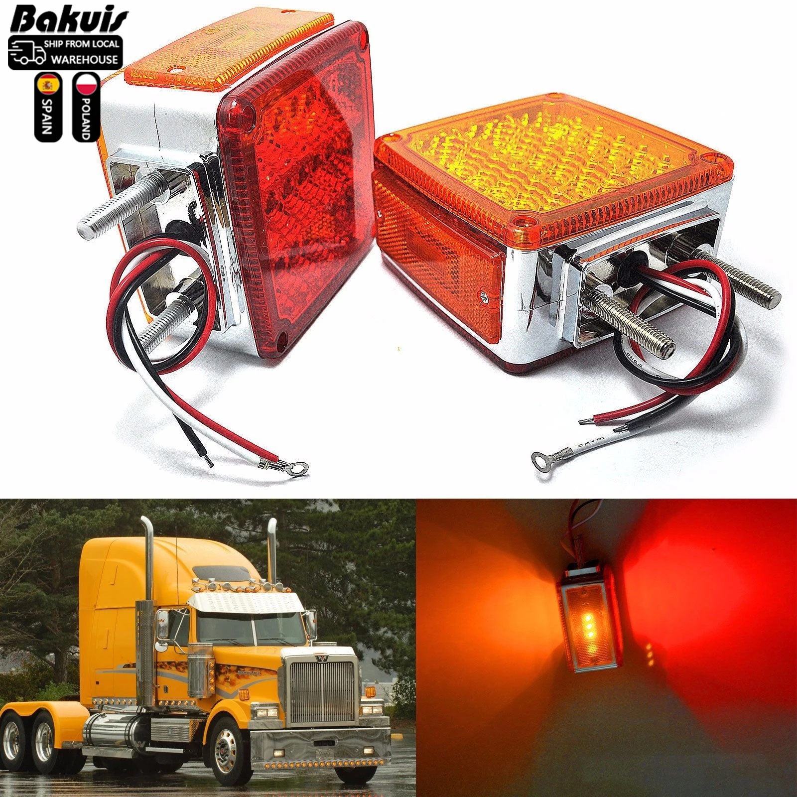 2xTruck Trailer Square Double Face Pedestal Stop Turn Tail Light Amber/Red 39 LED for Peterbilt Freightliner Kenworth Mack