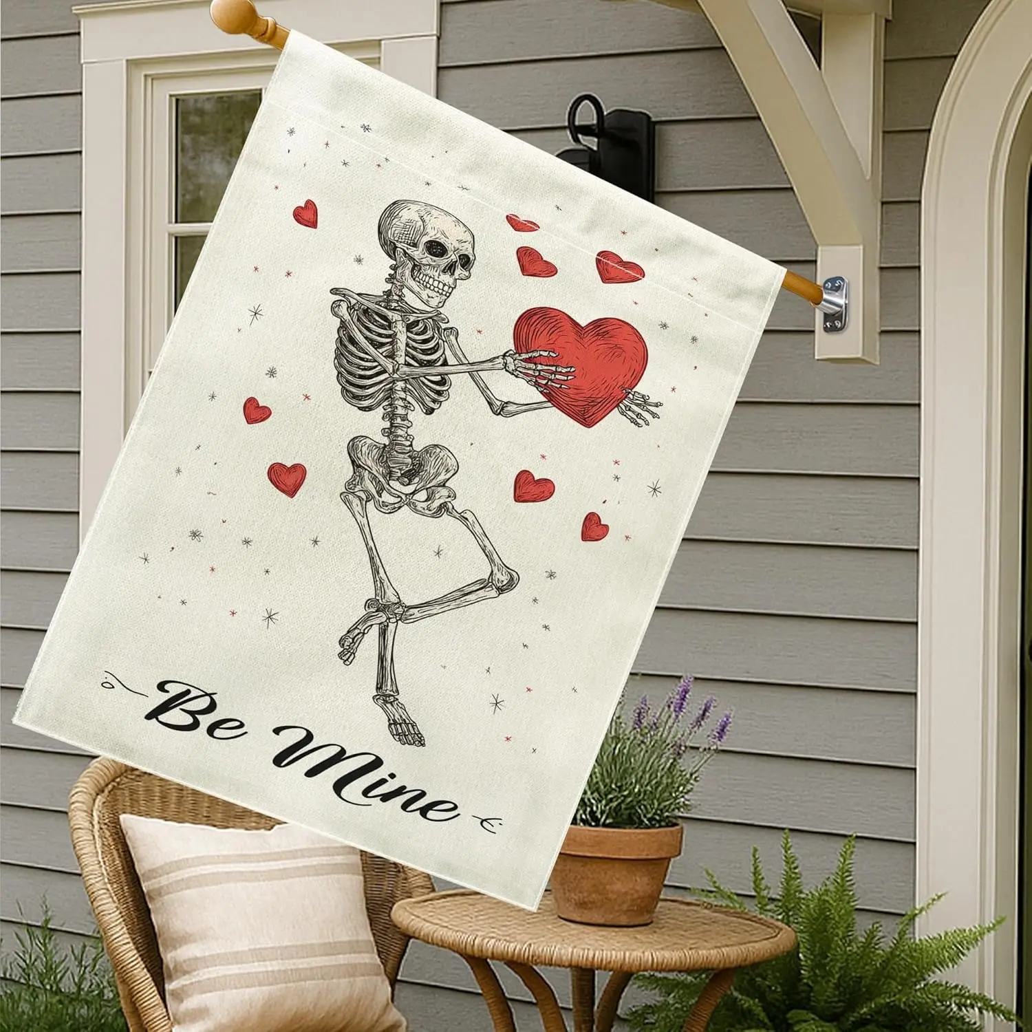 Skeleton House Flag, Valentine Fanciful Heart Stars Valentine Red Burlap Double Sided Outside Large Garden Flag for Outdoor  IIC