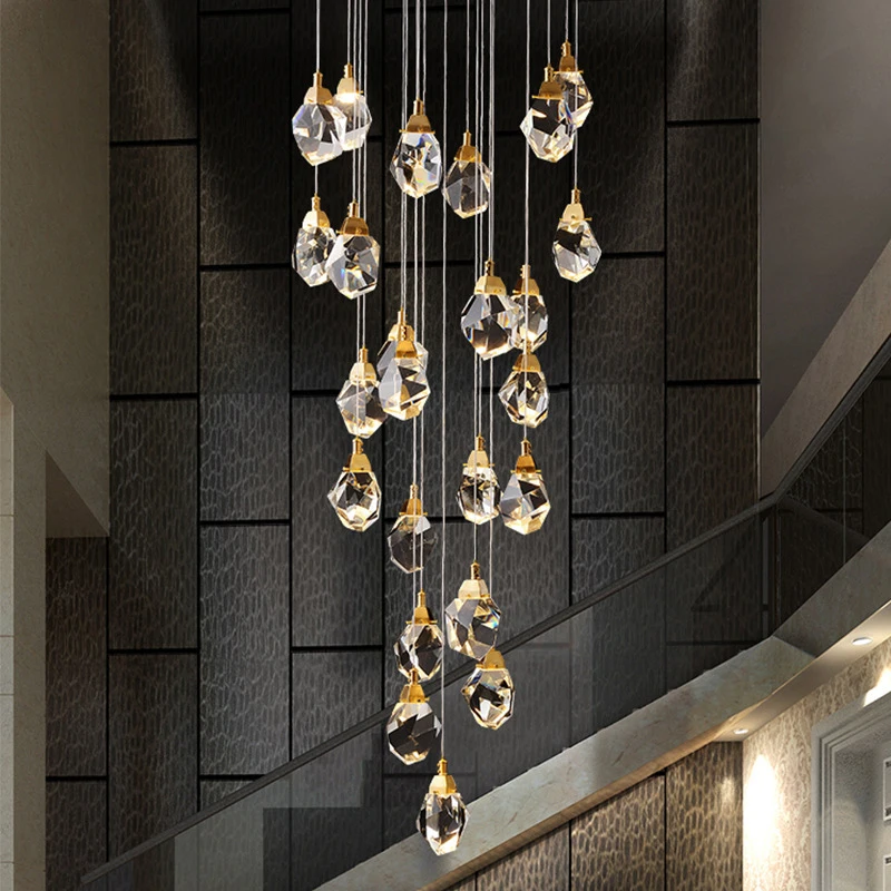 Luxury Golden Diamond Crystal Chandelier, Elegant LED Light Fixture for Large Living Room, Staircase & Hallway Home Deco