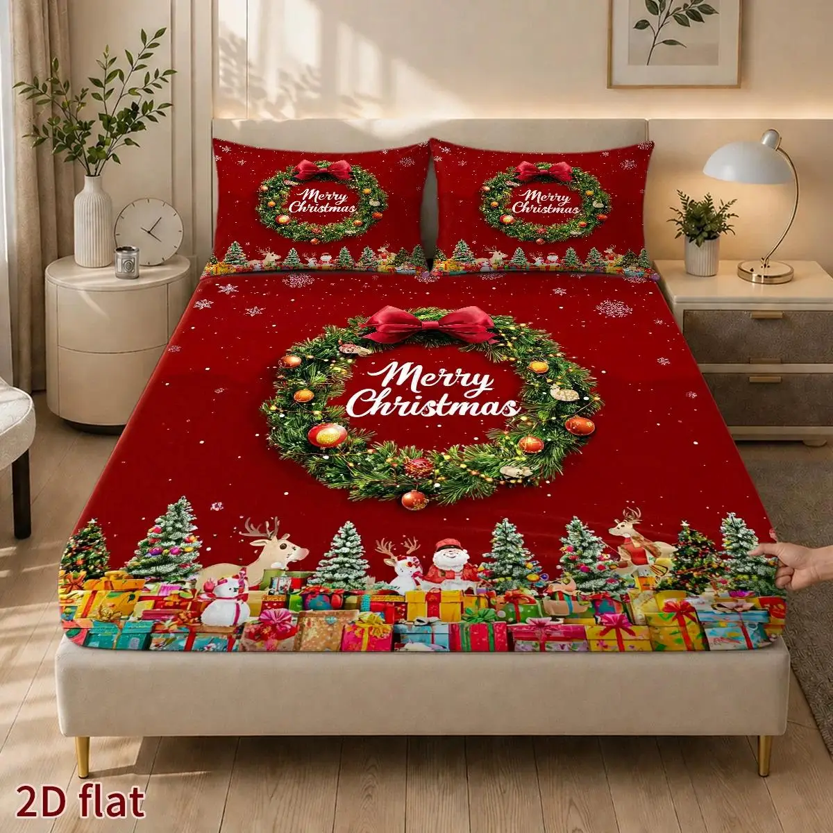 Christmas Wreath Theme, Realistic Oil Painting Style Three-Piece Fitted Sheet Set (Includes 1 Fitted Sheet + 2 Pillowcases), Mattress Protector, Protective Cover, Three-Piece Bed Sheet Set, Elastic Three-Piece Mattress Protector, 1 Fitted Sheet + 2 Pillowcases (Without Filling), 2D Flat Printing, Red Cherry Blossom Waterfall Theme, Traditional Japanese Painting Style, Cherry Blossom Festival, Suitable for All Seasons, Machine Washable