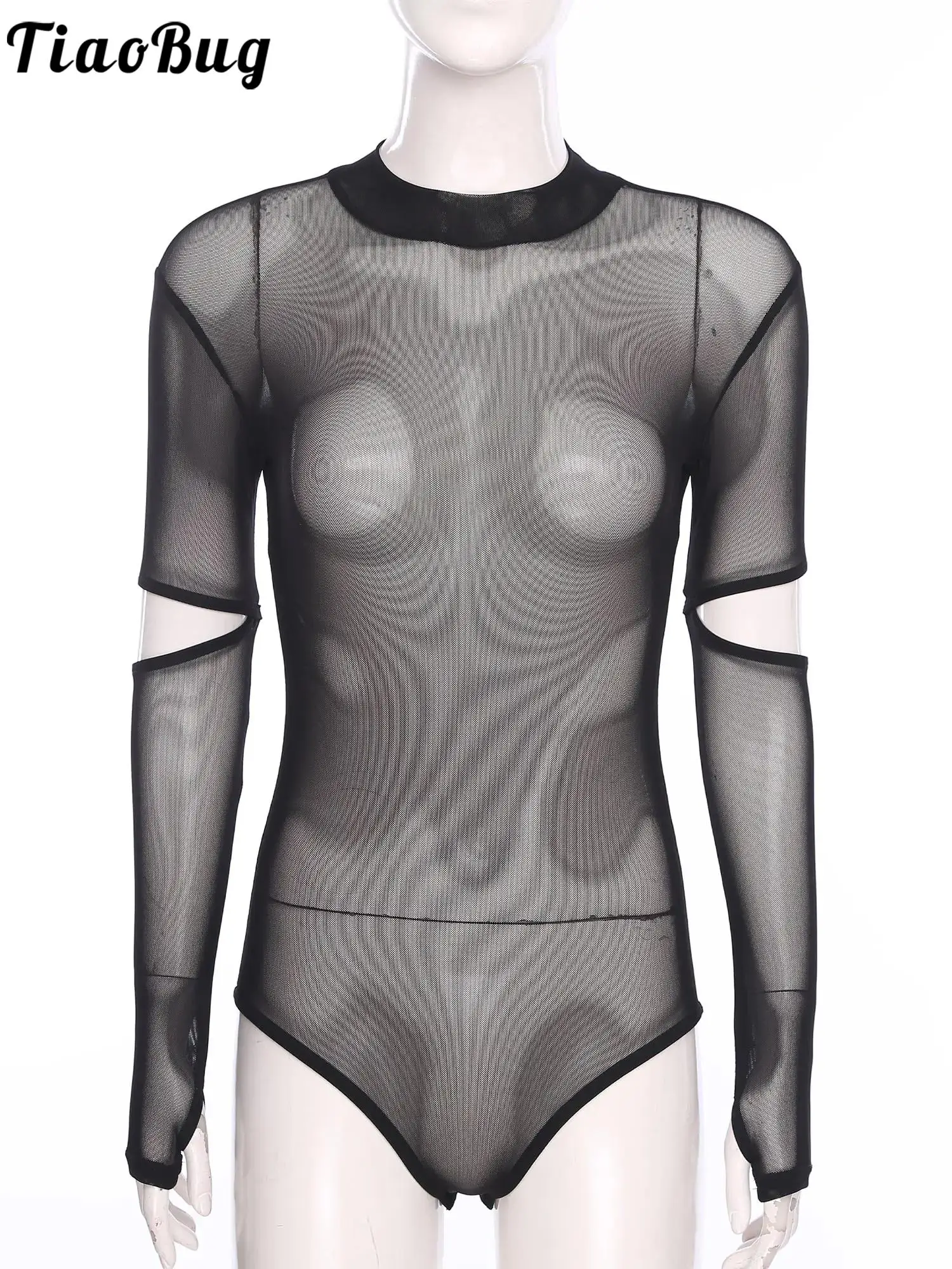 

Women Sheer Mesh Skinny Bodysuit Turtleneck Hollow Out Long Sleeve Buttoned Crotch Leotard Jumpsuit Clubwear Cover Up Dancewear