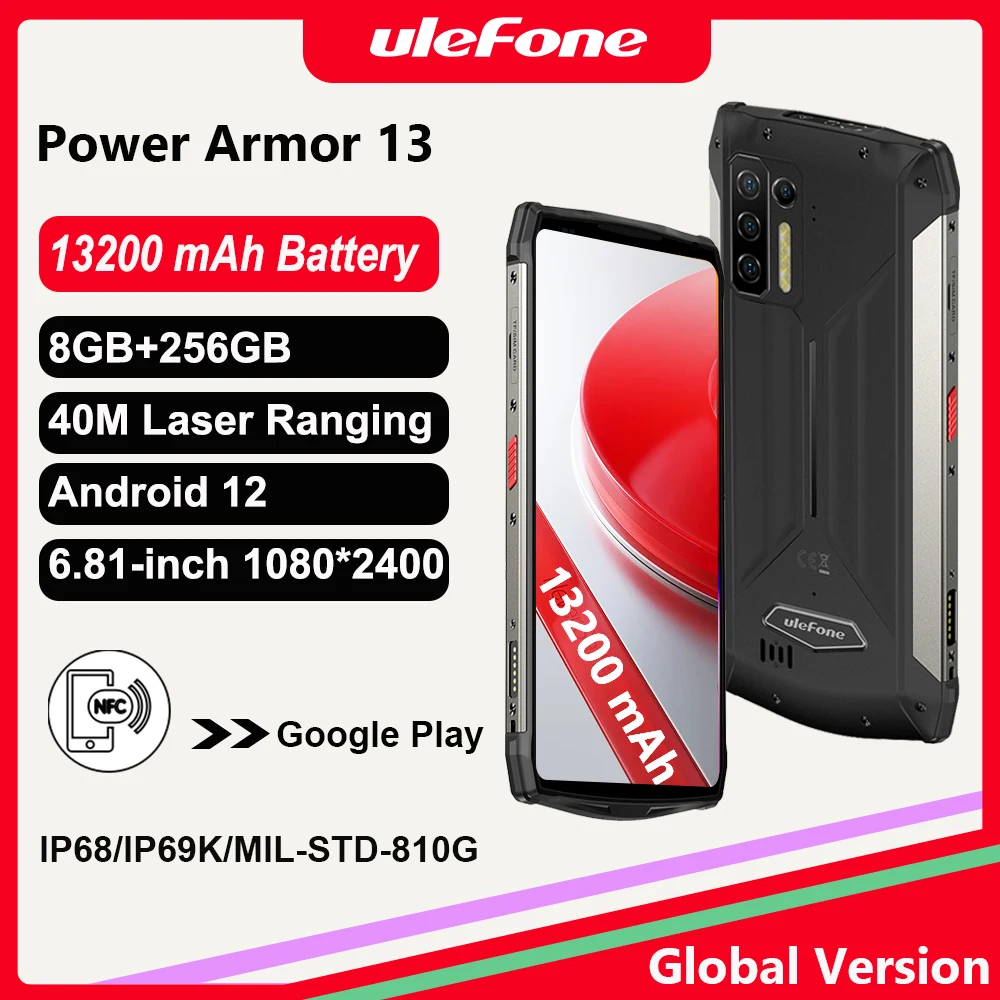 Ulefone Power Armor 13 Rugged Smartphone, Android 12 Mobile Phone, Helio G95 Octa-core, 8GB, 256GB, 48MP, 13200mAh, NFC, Global