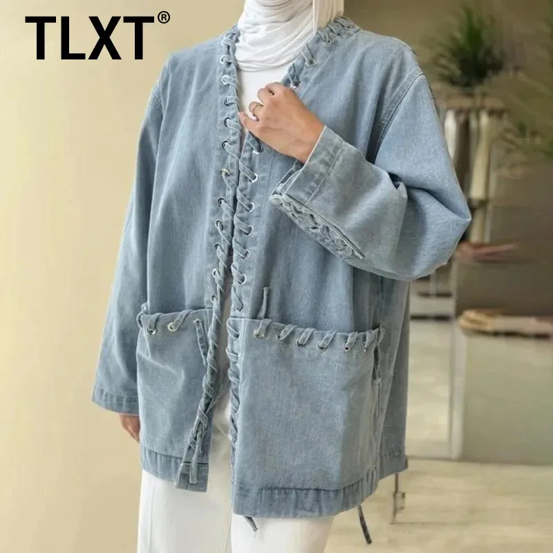 

TLXT Streetwear Denim Coats For Women V Neck Cardigan Long Sleeve Drawstring Washed Jackets Female Clothing 2025 Autumn New