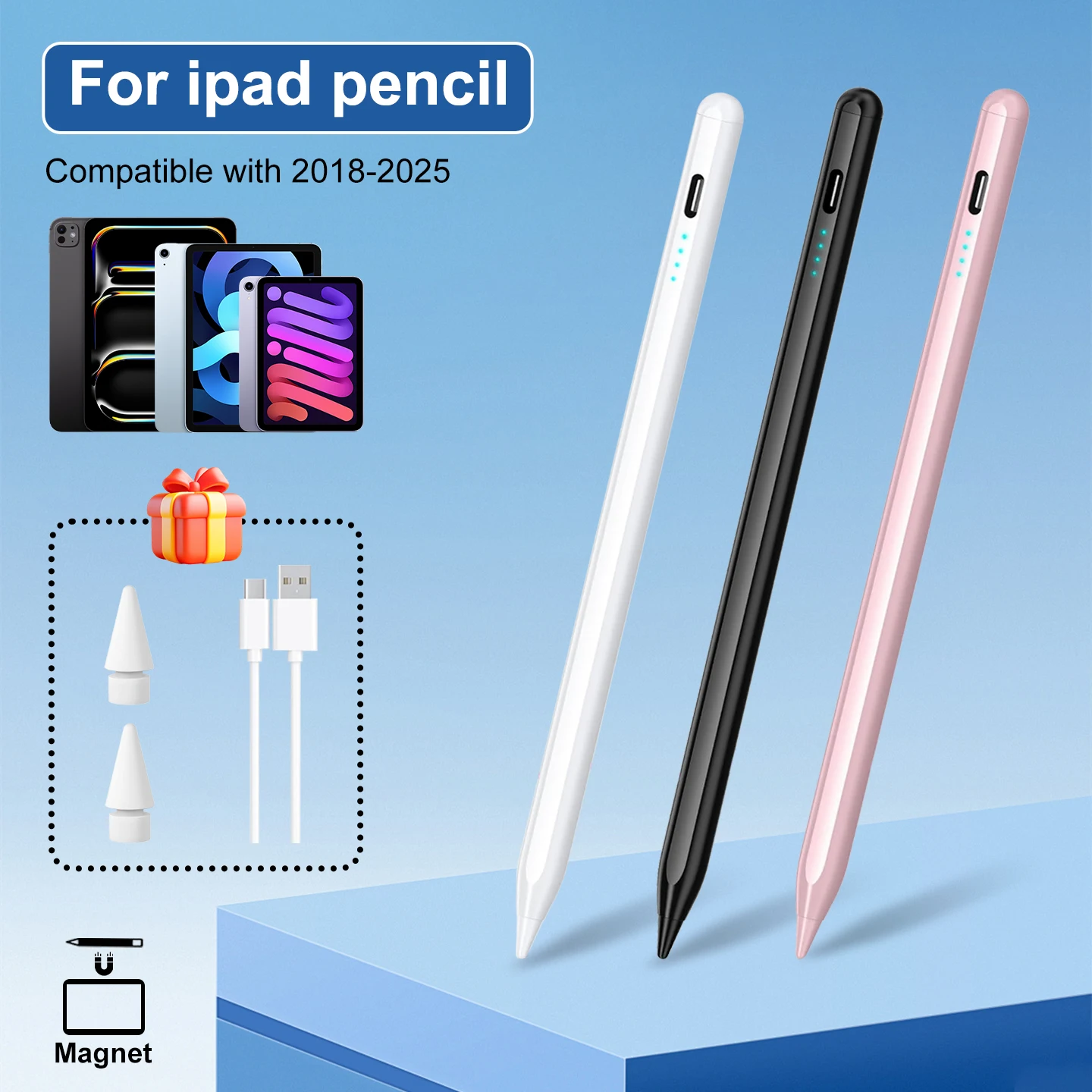 

Стилус для Apple iPad 2018-2026 Pro/Air/Mini/10-го поколения, с магнитным креплением, функцией распознавания прикосновений ладони, быстрой зарядкой и длительным временем автономной работы