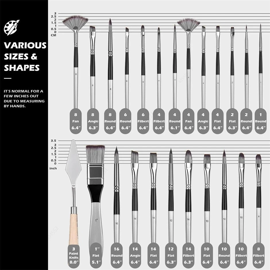 Set di pennelli da 24 pezzi Set di pennelli sintetici migliorati con rotolo di stoffa e coltello per tavolozza per acrilico, olio, acquerello