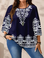 Plus Size Women's Boho Print T - Shirt, Navy Blue with White Floral Patterns, 3/4 Sleeves, Super Comfy for Daily Casual Wear