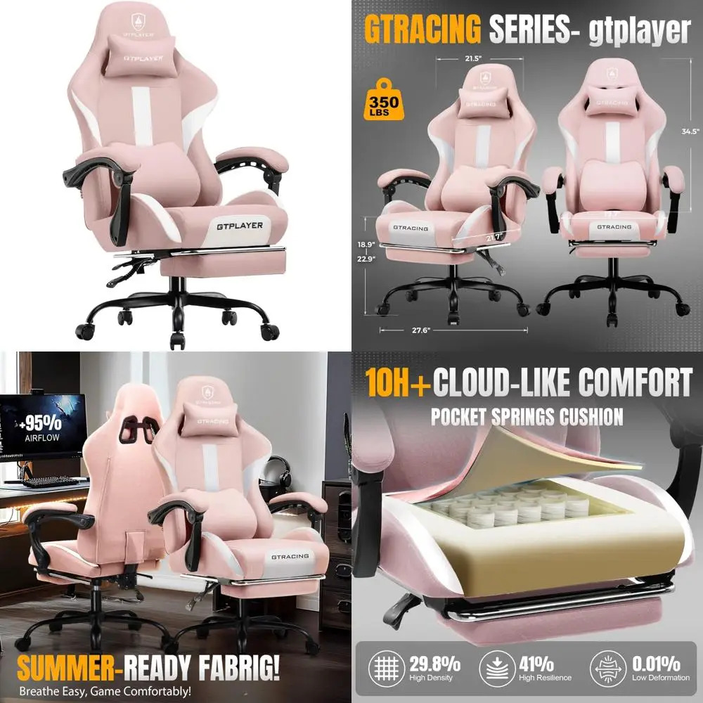 Ergonomic High Back Gaming Chair with Footrest and Pocket Spring Cushion, Breathable Fabric for Comfortable Home Office Desk Use