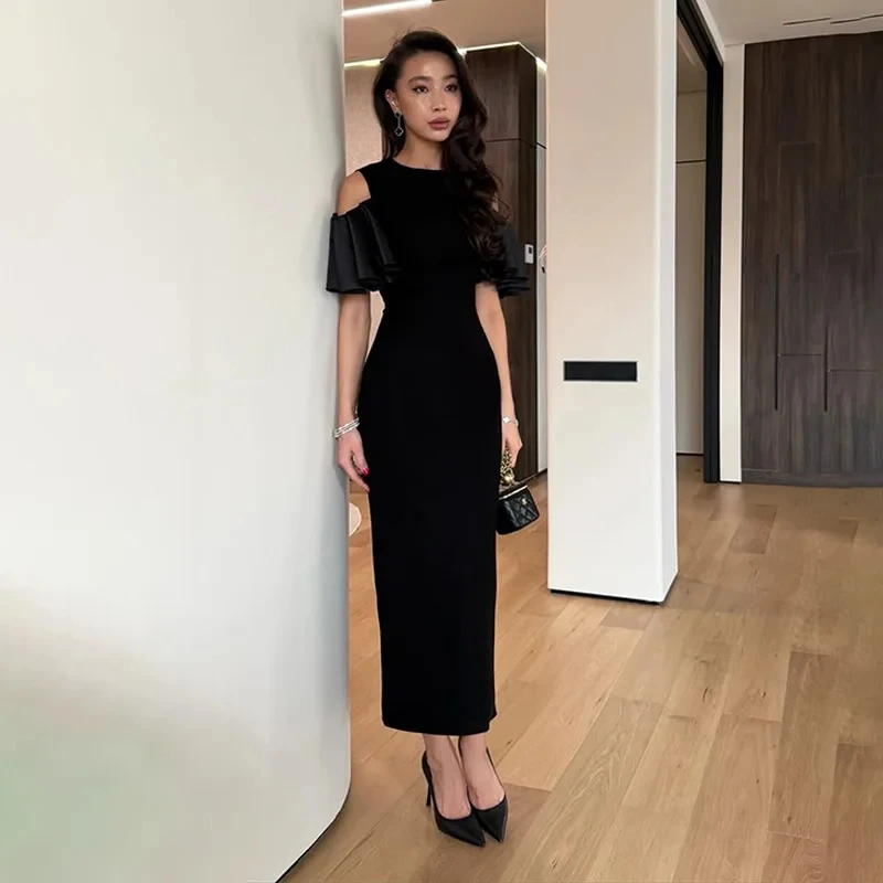 

2026 New Women Fashion Elegant Solid Color Short Sleeve Cold Shoulder Bodycon Draping Long Dress Temperament