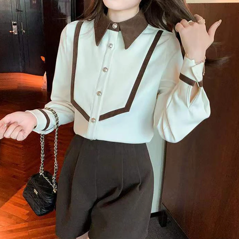 Autumn Polo Neck Corduroy Vintage Patchwork Buttons Long Sleeve Blouse Office Lady Elegant Fashion All-match Shirt Top Women