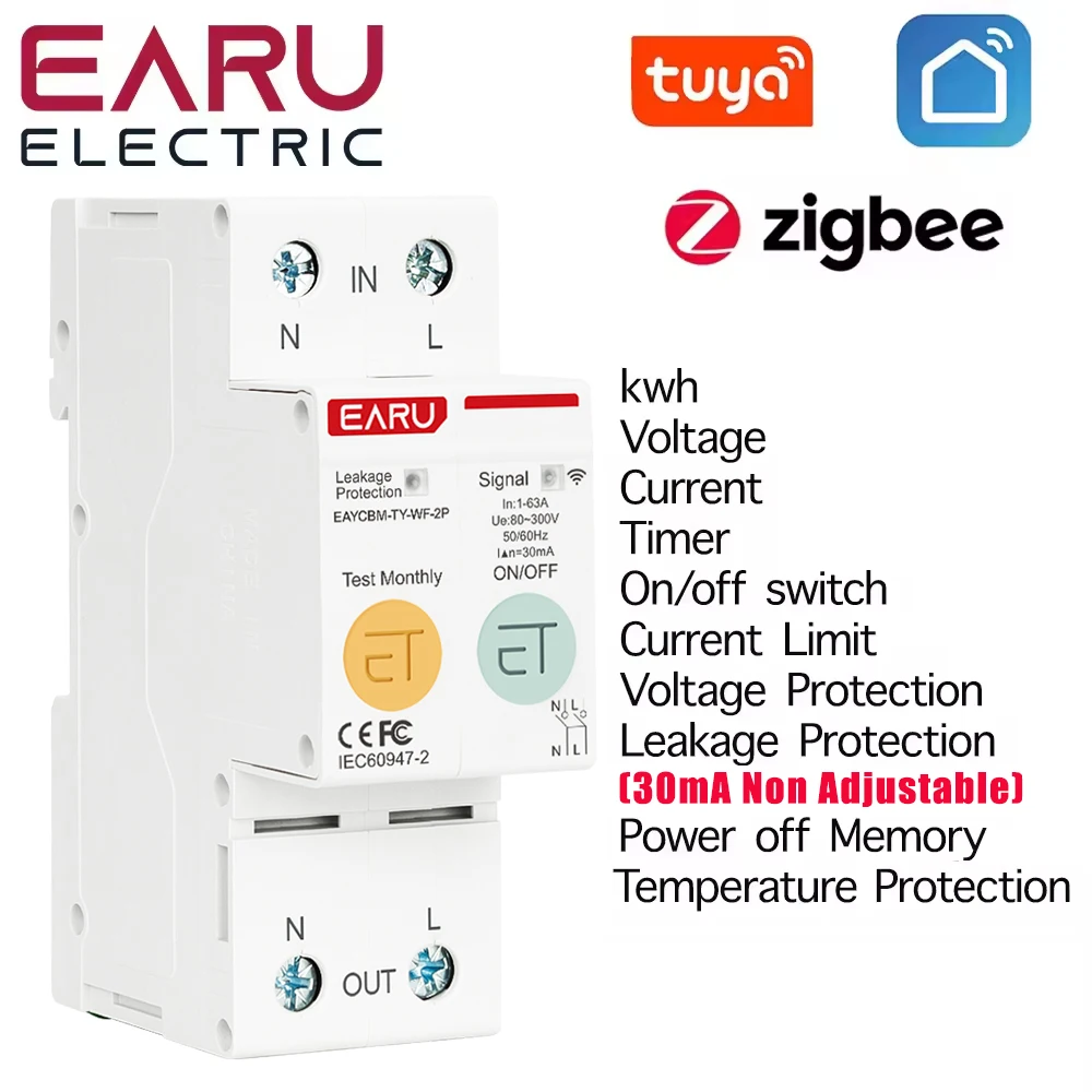 

2P TUYA APP Zigbee WIFI Smart Energy Power Consumption kWh Meter Circuit Breaker Time Relay Switch Leakage Voltage Protection