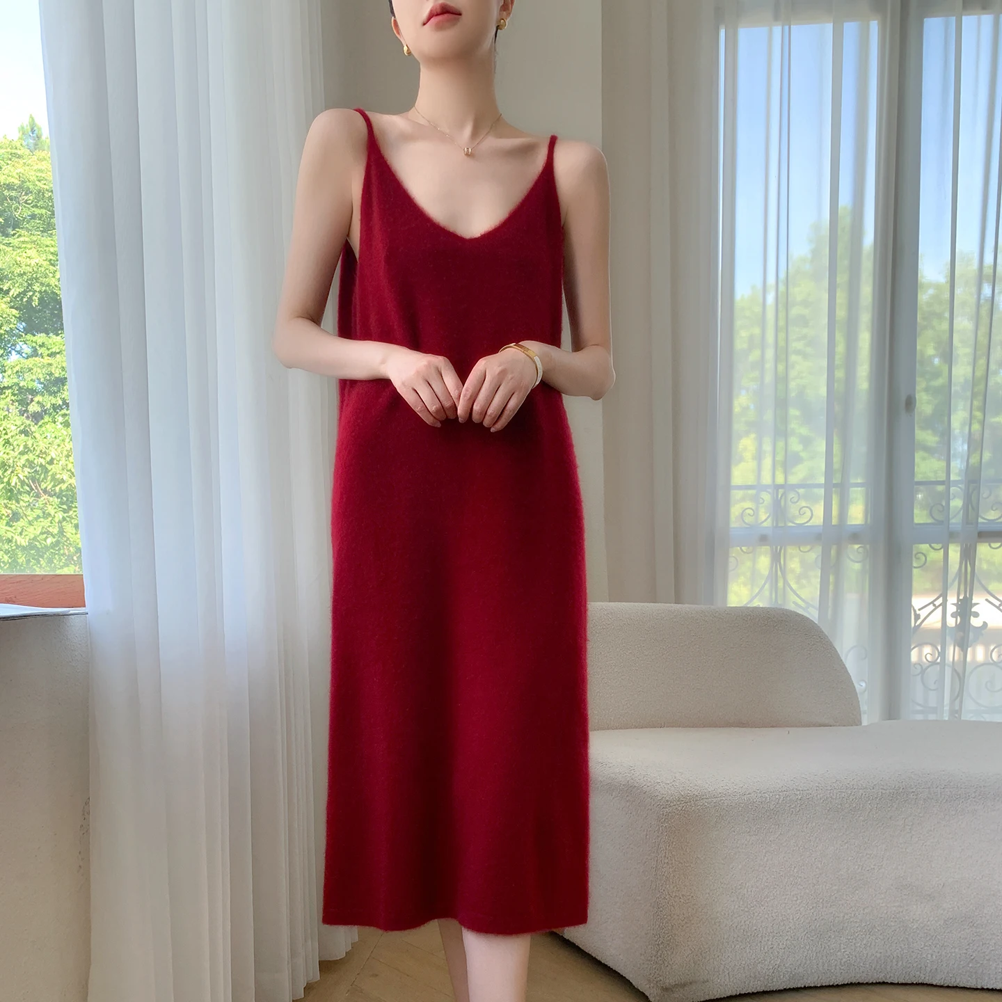 Women's 100% Pure Cashmere Long Strap Skirt Casual Solid Color Knitted Sweater Loose V-neck Pullover Top