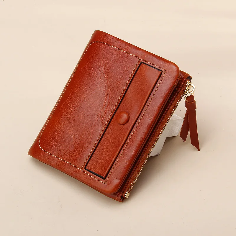 Oil Waxed Cowhide Leather Card Wallet Small Zip Coin Purse with ID Window Multi Card Slots Retro Daily Travel Organizer