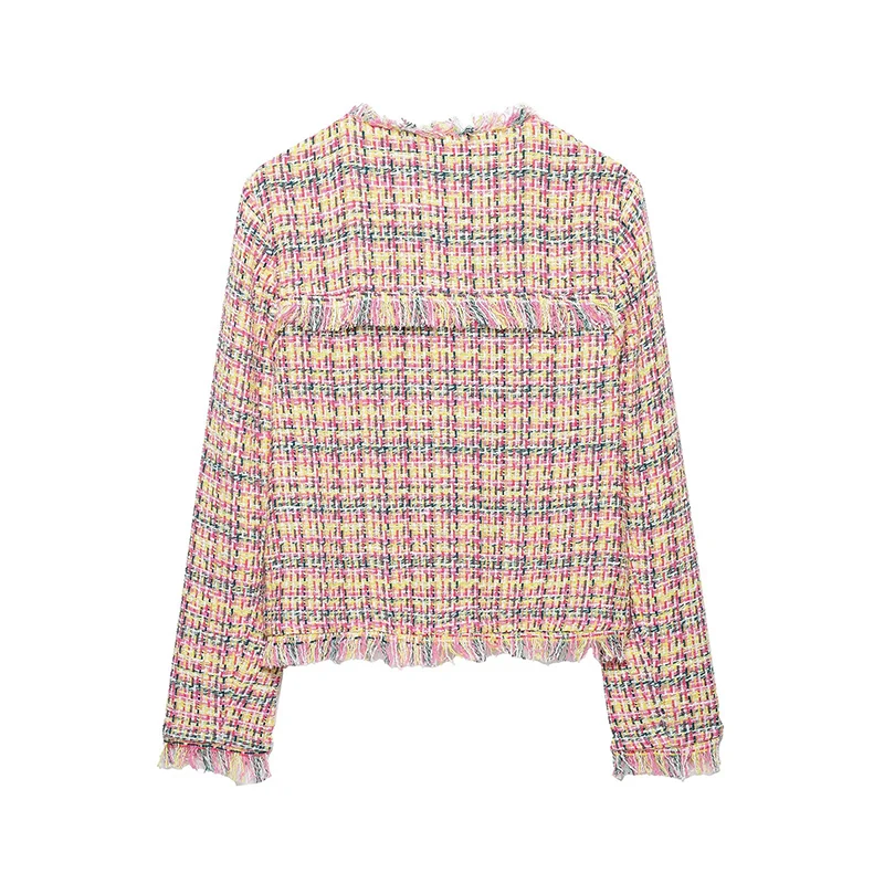YENKYE Women Tweed Jacket Fringe Trim Round Neck Open Front Long Sleeve Pockets Elegant Casual Cropped Outerwear