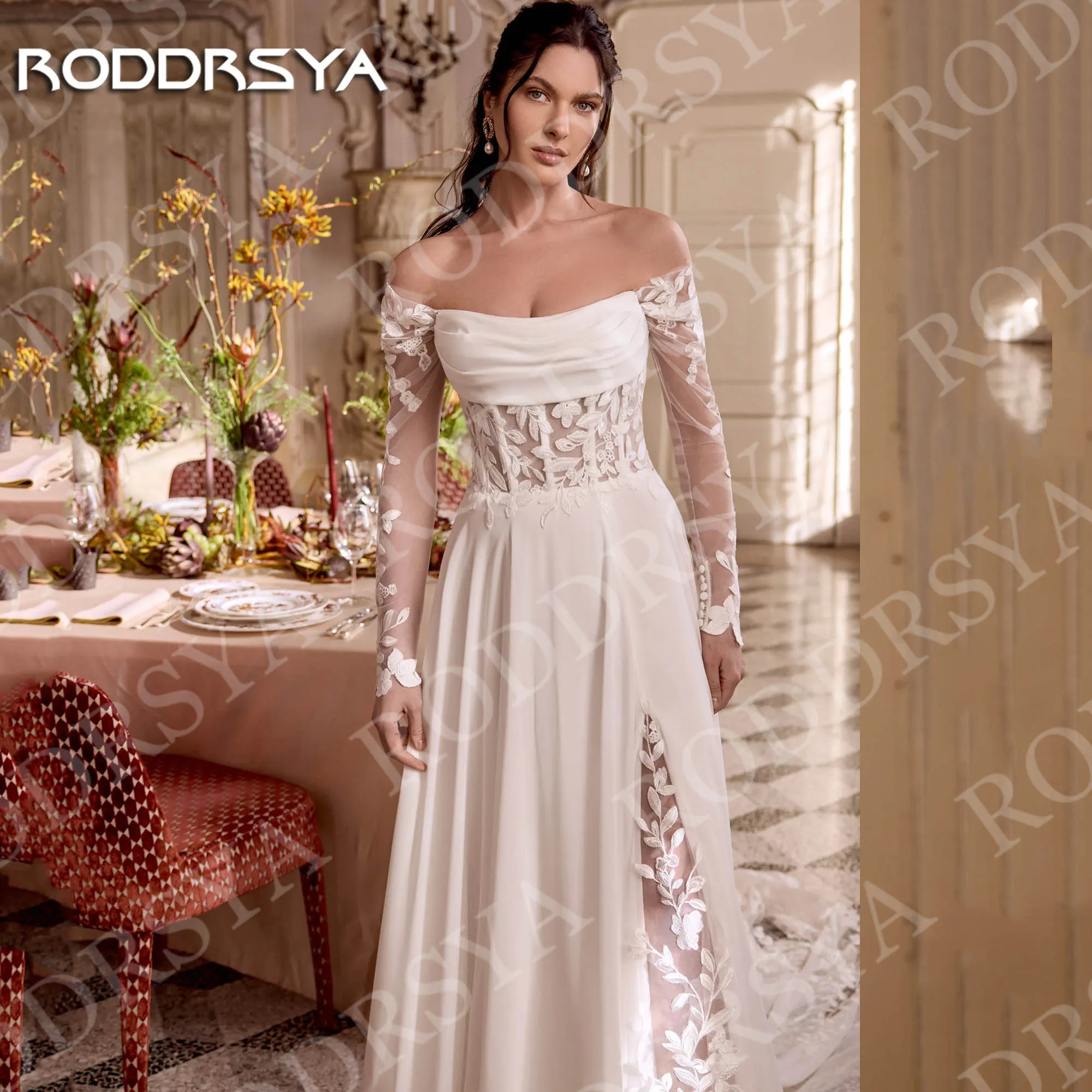 RODDRSYA فستان زفاف على شكل حرف A بأكمام طويلة للنساء رومانسي بدون أكتاف دانتيل بفتحة عالية فساتين زفاف مخصصة فيستدو دي نوفيا خط فستان زفاف طويل الأكمام امرأة رومانسية قبالة الكتف الدانتيل عالية الشق فساتين العروس مخصص