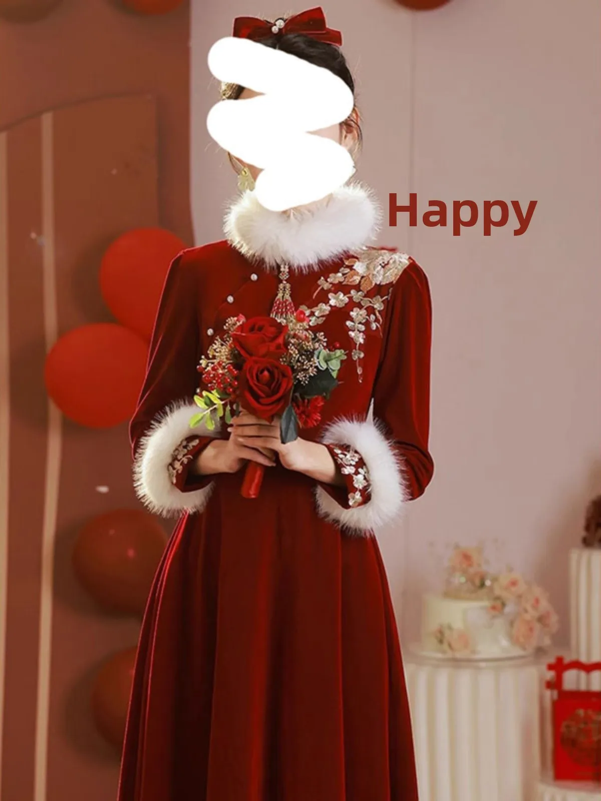 

Thickened Wedding Dress for Brides Autumn Winter Engagement Marriage Ceremony Skirt Winter Bridal Tea Serving Costume