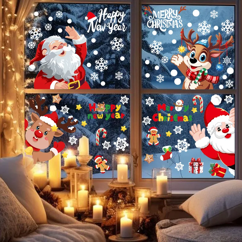 Christmas Wall Sticker Cartoon Santa Claus Elk Snowflake Snowman Static Window Sticker Xmas Decoration For Home New Year Navidad