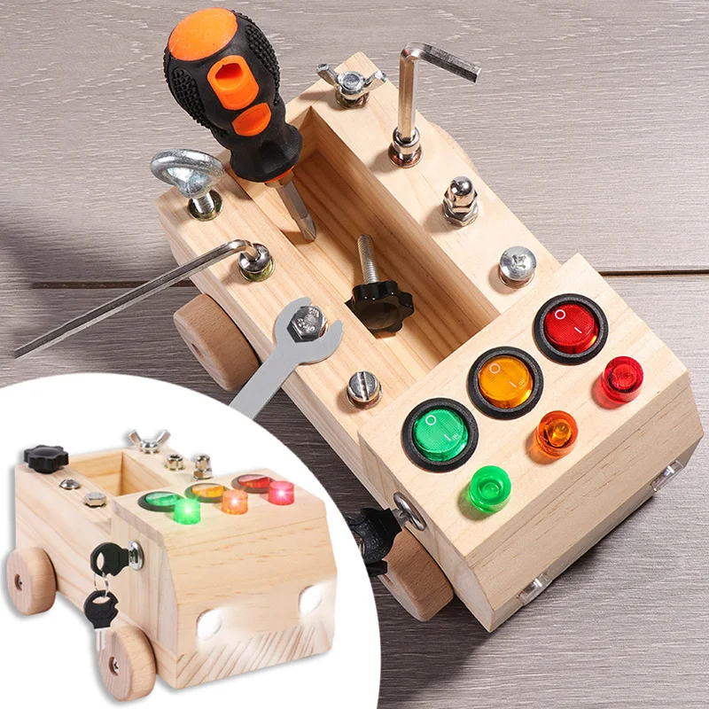 Wooden Montessori Busy Board Sensory Toys Switch Control Box LED Light Tool Cart Screw Game Early Learning Toy for 2-4 Years Old