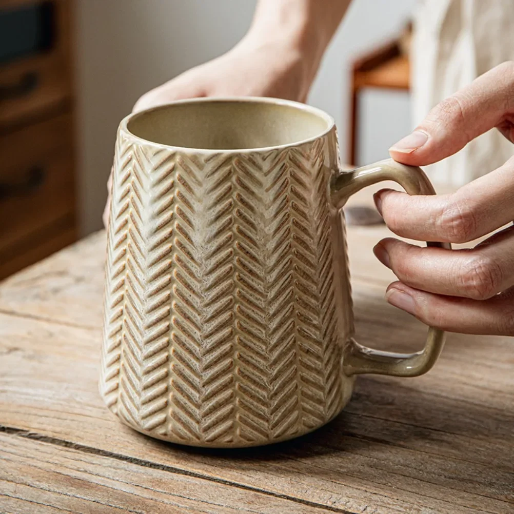 Vintage Relief Coffee Cup 760ml High-capacity Drinkware Ceramic Mug Spoon with Lid Household Water Cups Fathers Day Gift