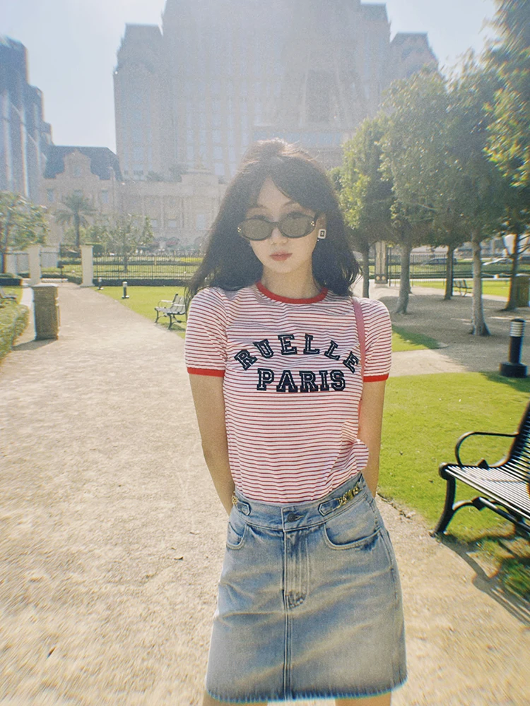 

Женский облегающий хлопковый топ Les Ruelle с круглым вырезом и ретро-принтом для лета, повседневный, комфортный