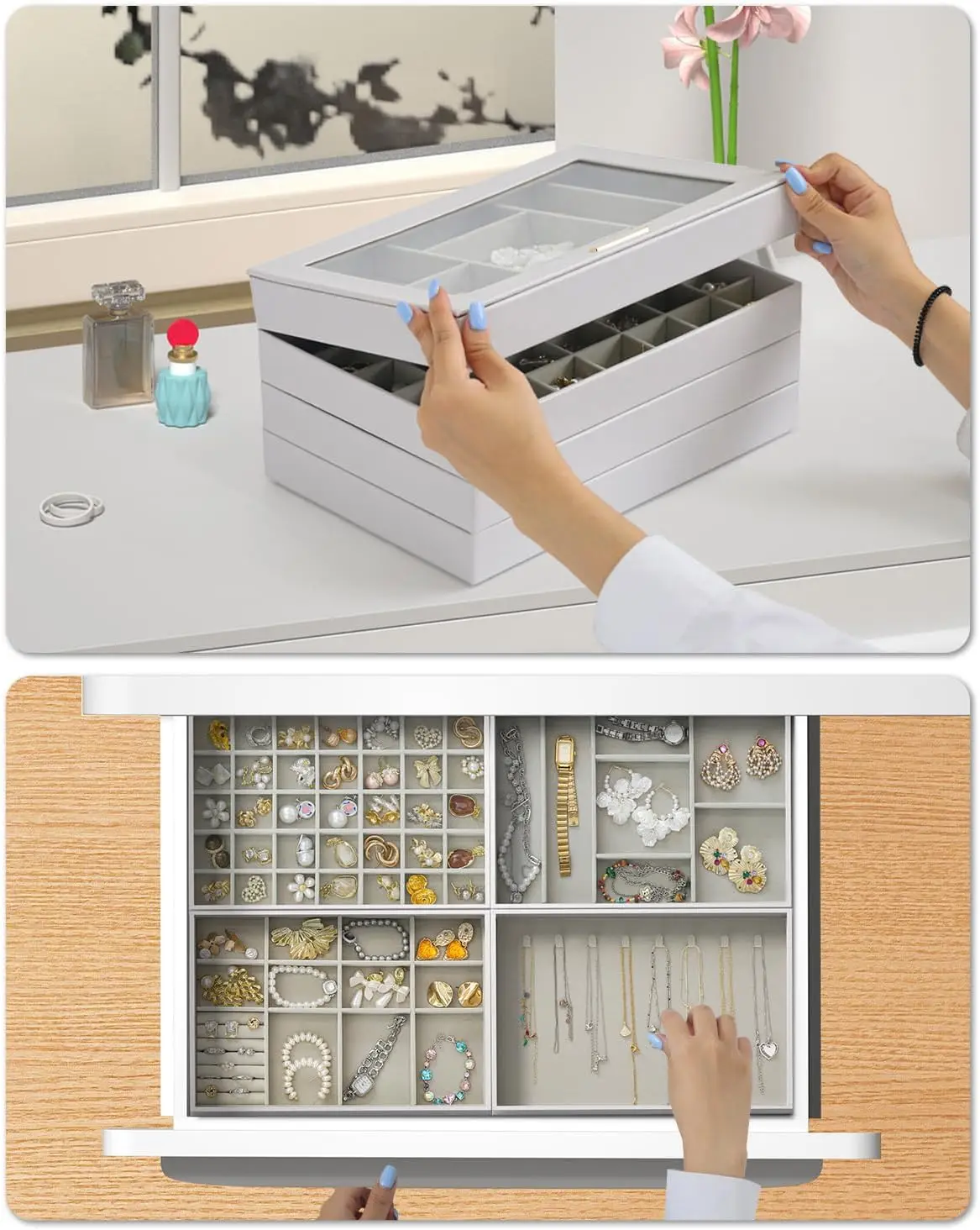 منظمات المجوهرات الكبيرة وصندوق تخزين، 4 طبقات لتنظيم المجوهرات قابلة للتكديس، غطاء شفاف للأدراج #5