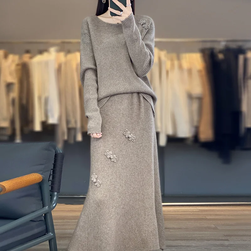 New Hot Selling Women\'s Set Fashion O-Neck Knitted 100% Wool Pullover Women\'s Sweater Versatile Long Half Skirt Pure Wool suit