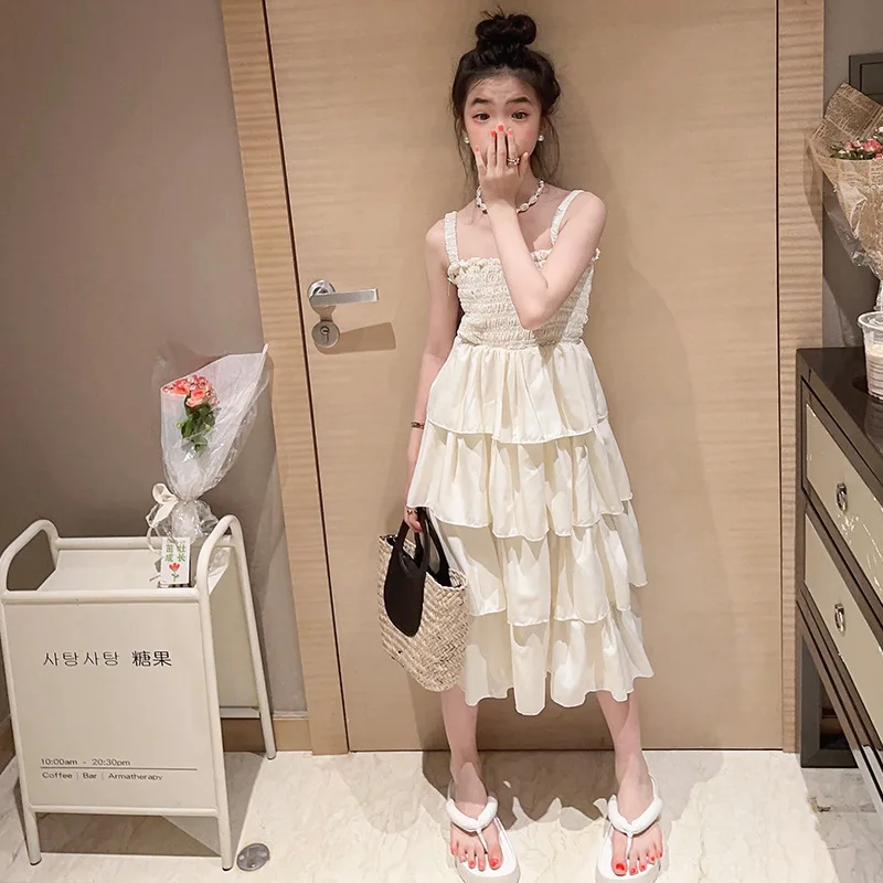 

2025 Summer Kids girls layered chiffon princess chemise Dresses Princess Children braces skirt teens beach 8 10 11 12 13 Years