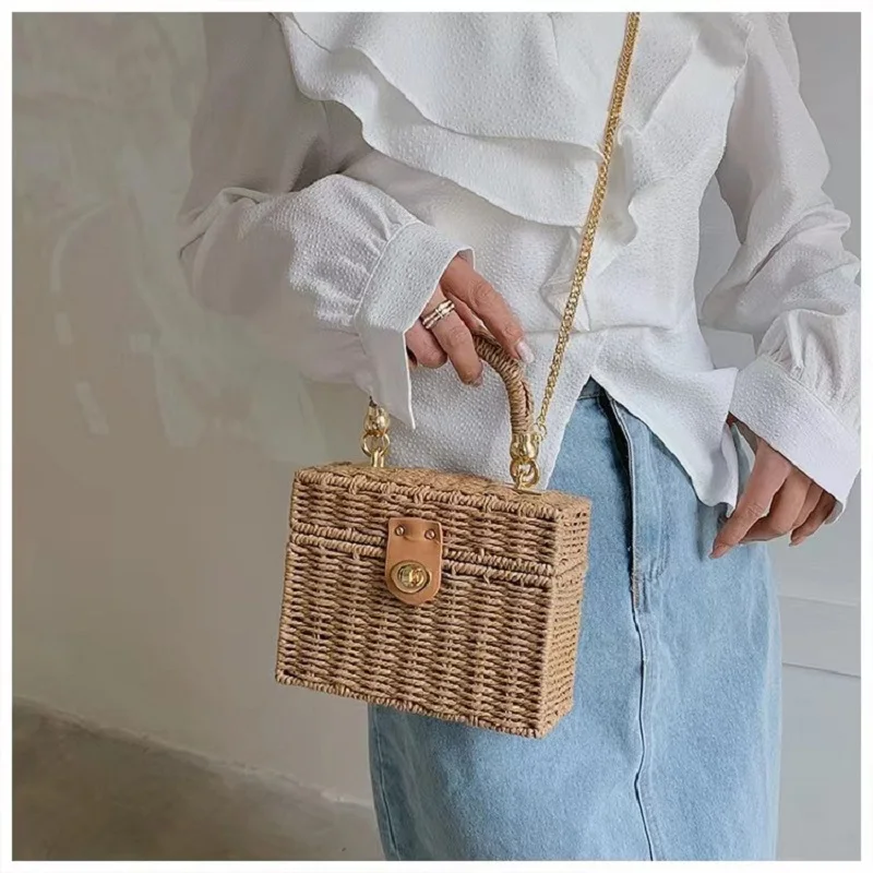 New rattan black straw Shoulder Bag Women hand-woven Messenger Bag Summer Beach Square box Straw Handbag For lady Bolsa Feminina