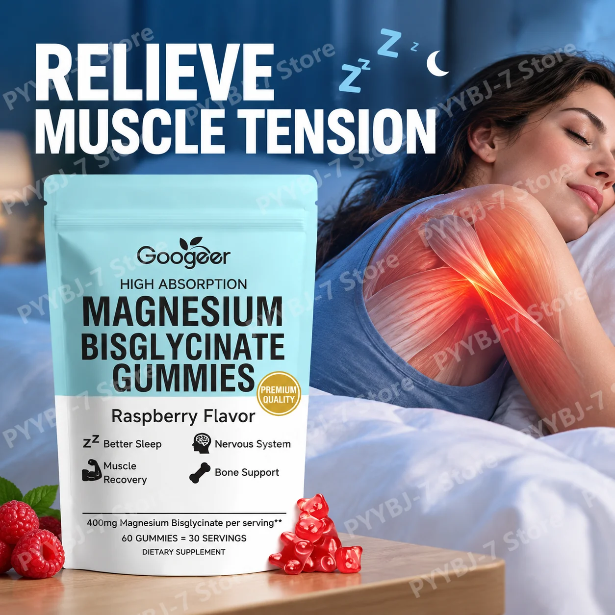Magnesium Bisglycinate Gummies Improve Sleep Quality Relieve Muscle Tension, 400mg High Absorption Raspberry Flavor, 60 Count