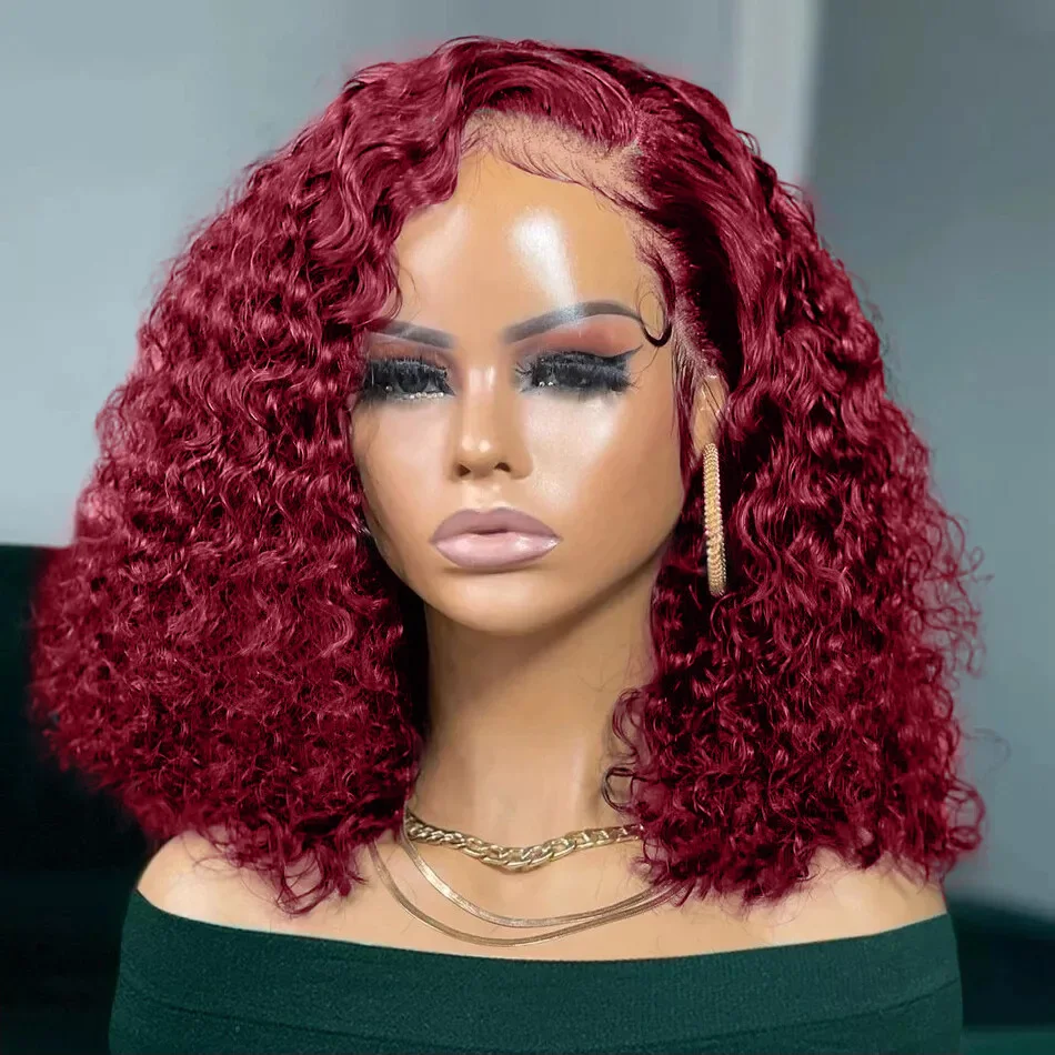 14 16 inch 13X4 Lace Frontal Wigs Short HD Deep Wave Human Hair Bob 99J Burgundy 13x6 200 Density Remy Bob Curly Lace Front Wig