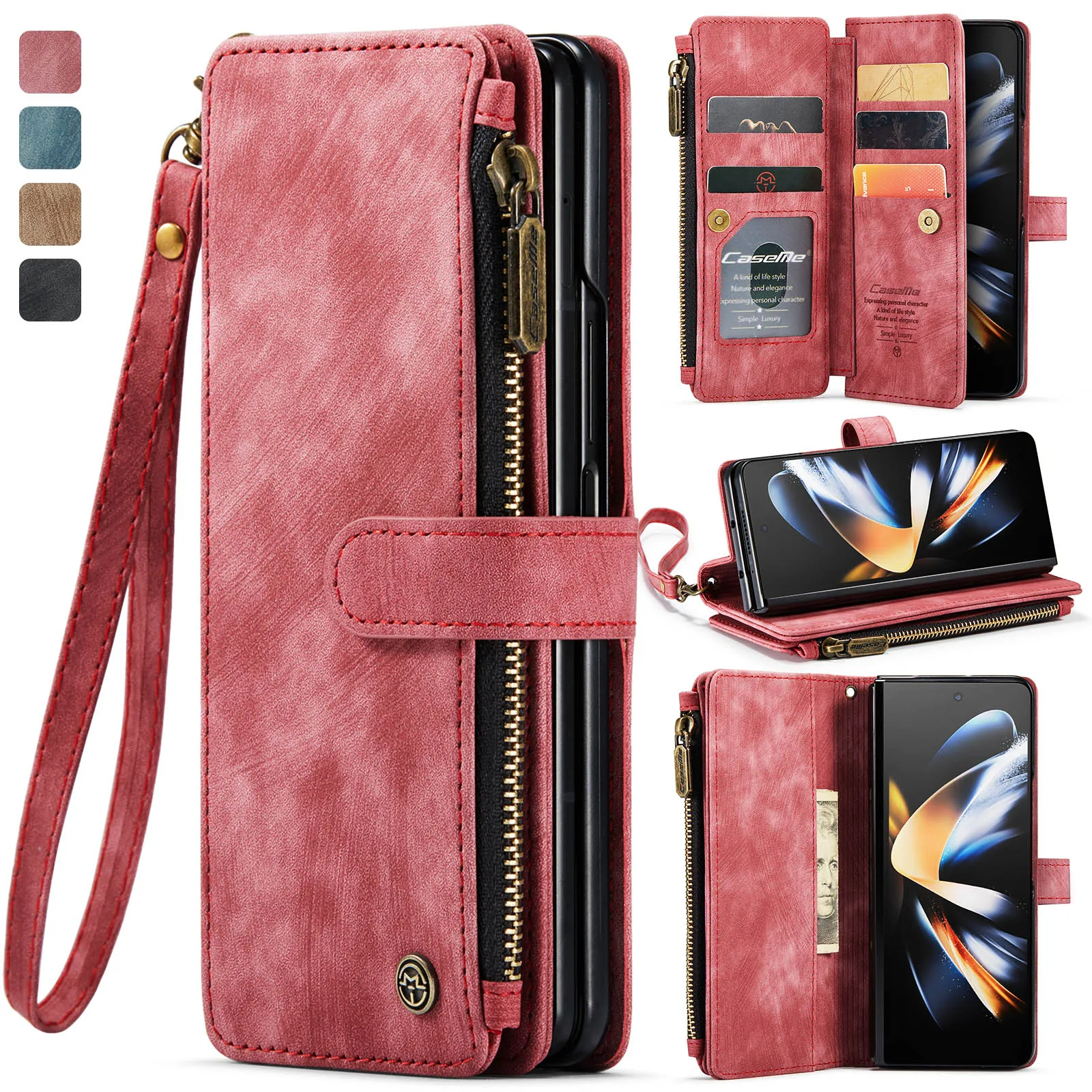 Luxury Zipper Leather Wallet Case For Samsung Galaxy Z Fold 5 4 3 5G Card Slots Purse Shockproof Cover For Z Fold5 Fold4 Fold3