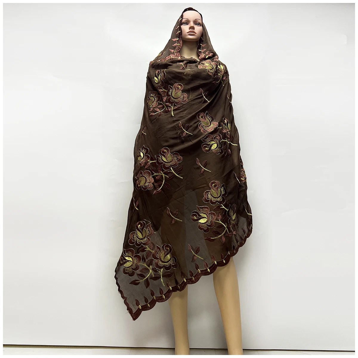 African Women Hijab Muslim Scarf Dubai Excellent Style High Quality 100% Cotton Fabric Rayon Cotton Thread Eembroidered Scarf