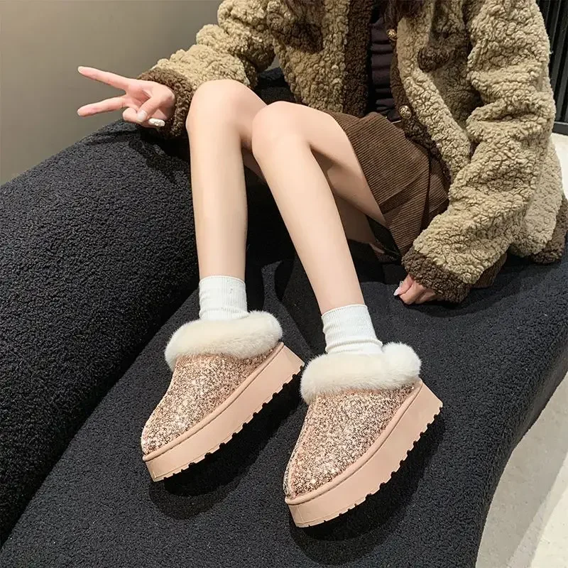 Low-Top Cute Furry Ladies Shoes Pink Round Toe Sequin Large Size Warm New Rock On Promotion Trend 2025 Hot In Women's Snow Boots