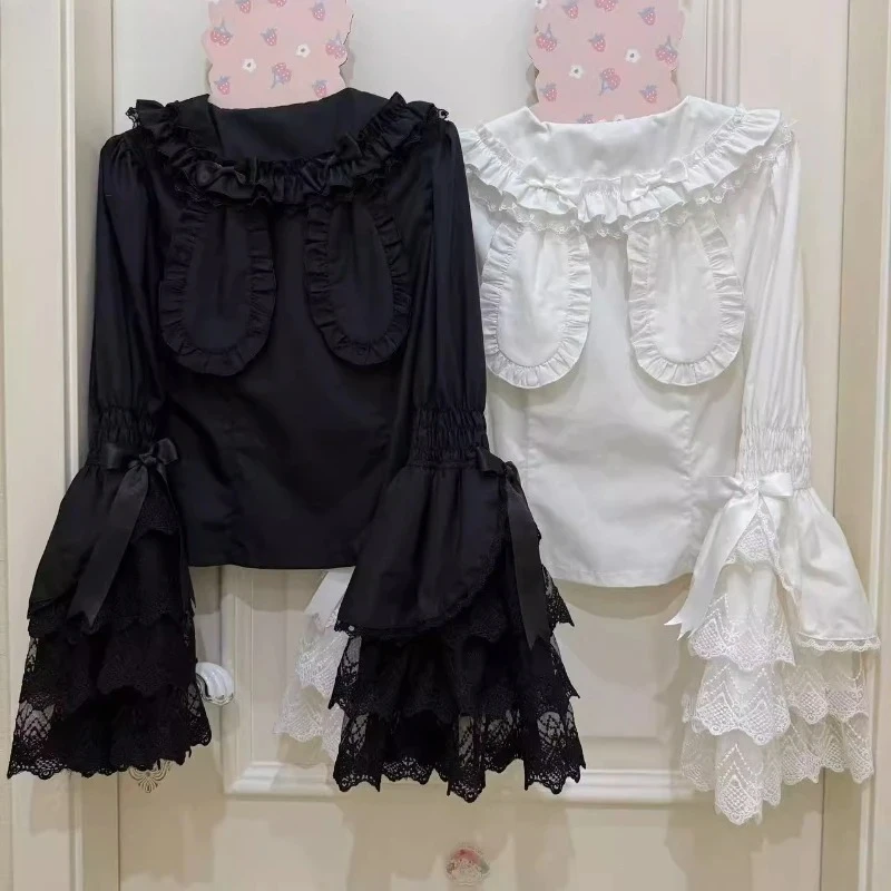 

Long Ears Japanese Kawaii Lolita Ruffle Blouses Women Sweet Cute Lace Peter Pan Collar Bow Long Sleeve Shirts Y2k Gothic Tops