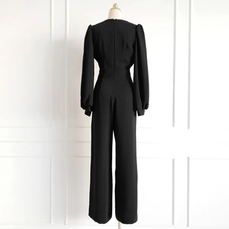 V-neck Chic Pleated Slim Jumpsuit 2024 Autumn New Korean Version Fashion Office Lady Commuting Jumpsuit Solid Color Versatile